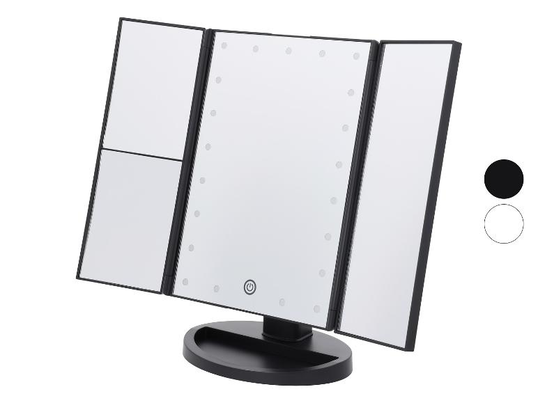 Schwarzer dreifacher Kosmetikspiegel mit LED-Beleuchtung und Standfuß.