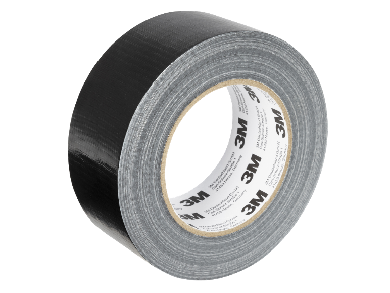 Schwarzes Klebeband aufgerollt mit Herstellerinformationen auf der Seite.