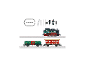 Weihnachtliches Spielzeugeisenbahn-Set mit Gleisen, Lokomotive und zwei Waggons.