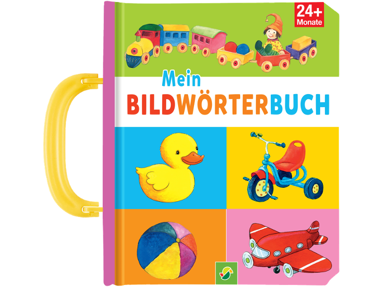 Bilderbuch für Babys mit Zug, Ente, Dreirad, Ball und Flugzeug.