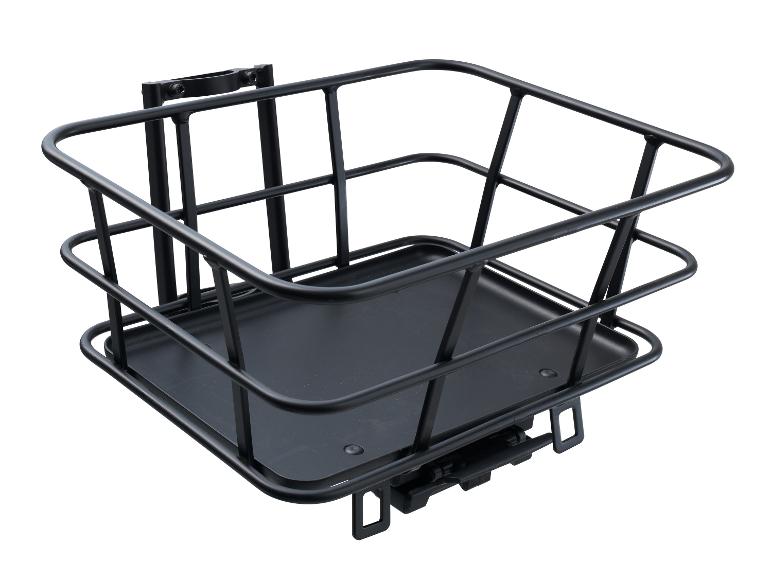 Schwarzer Metall-Fahrradkorb mit flachem Boden und Montagezubehör