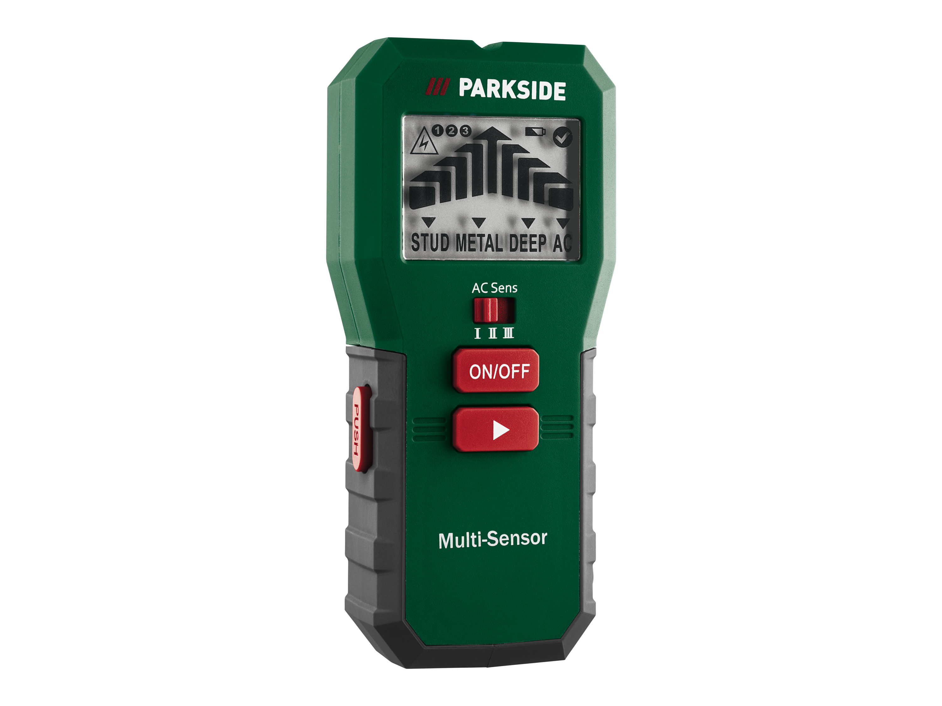 PARKSIDE® Multi-Sensor/ Holzfeuchtemessgerät PMSHM 2 A3 (Multi-Sensor)““ | Verkleidungen, Baumaterialien oder Brennholz 6 wählbare Materialgruppen zur präzisen Messung Zusätzliche Temperaturmessung Mit Schutzkappe für die Messstifte Extra klein und handlich 2x Lr03 / AAA Batterien 1x Bedienungsanleitung Technische Daten Multifunktionsdetektor: Stromführende Leitung: bis 50 mm Metallbauteil: bis 30 mm Holzbalken: bis 19 mm Hohlraum: bis 38 mm Feuchtigkeitsmessgerät: Messbereich Feuchtigkeit: 0–44 % Temperaturanzeige: in °C / °F Material Kunststoff Maße Multifunktionsdetektor: ca. 145 x 65 x 33 mm““