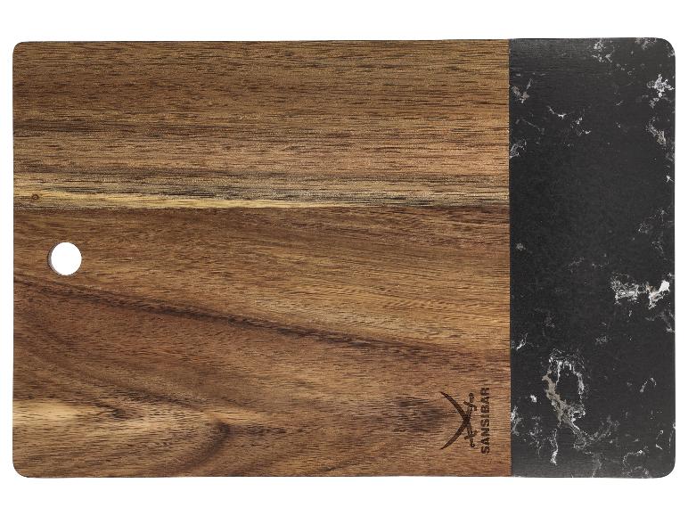 Schneidebrett aus Holz mit schwarzem Marmoranteil und Sansibar-Logo.