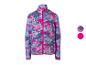 Kinder-Fleecejacke mit abstraktem blauem, rosa und weißem Muster, mit fuchsiafarbenem Reißverschluss