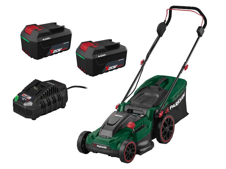 Akku-Rasenmäher mit zwei 4.0Ah 20V Akkus und einem Ladegerät.