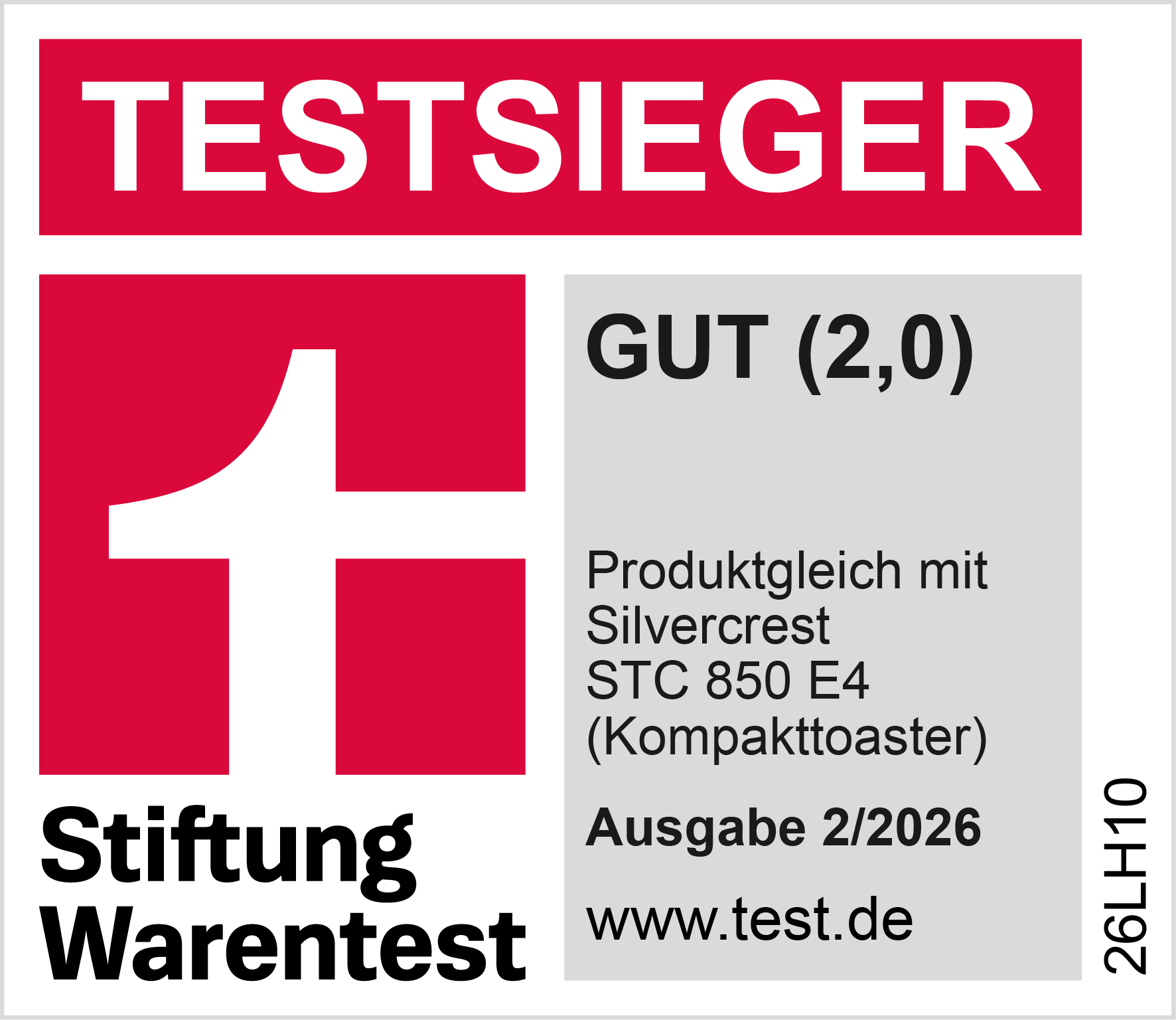 TESTSIEGER GUT (2,0) Ausgabe 2/2026 www.test.de 26LH10