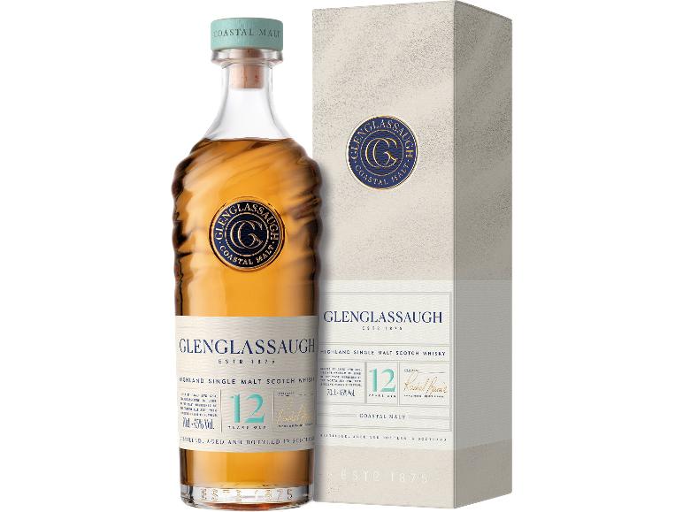 Flasche 12 Jahre alten Single Malt Scotch Whisky mit einer Box, mit dem Text „Coastal Malt“.