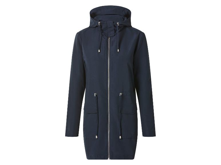 Dunkelblauer langer Parka mit Kapuze und Reißverschluss