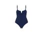 Dunkelblauer einteiliger Badeanzug mit V-Ausschnitt.