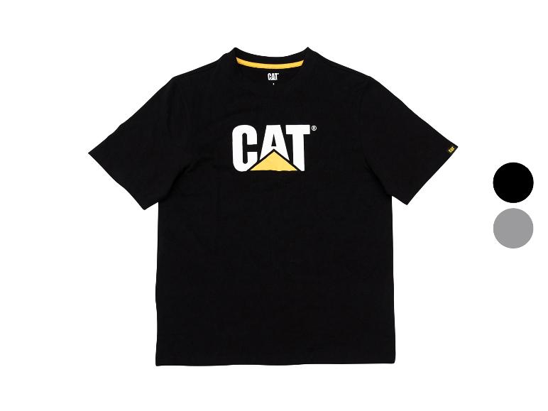 Schwarzes Kurzarm-T-Shirt mit großem weißem und gelbem Logo auf der Brust.