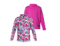Zwei langärmelige Rollkragenpullover: einer mit buntem Fuchs- und Blumenmuster, einer einfarbig fuchsia.