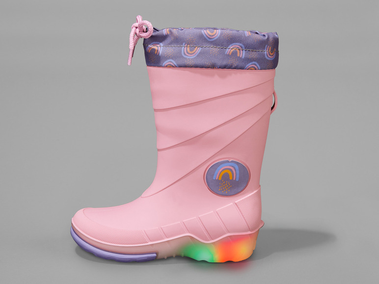 Rosa Regenboots mit Regenbogen-Print und leuchtenden Sohlen.