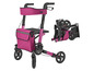 Ein rosa Rollator mit Sitz und Aufbewahrungstasche.