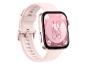 Rosa Smartwatch mit quadratischem Display, das Uhrzeit, Datum, Schritte und Kalorien anzeigt.