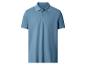 Blaues Kurzarm-Poloshirt mit weißem Kragen und Ärmelbündchen.