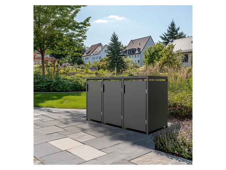 Moderne Dreifach-Mülltonnenbox für den Außenbereich.
