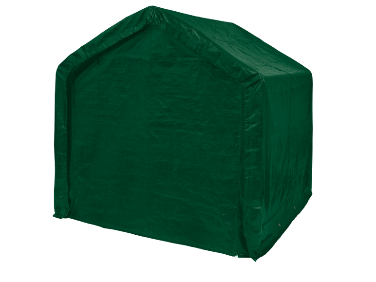 Grüner Gartenlagerraum mit Spitzdach, aus strapazierfähigem Planenmaterial.