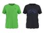 Zwei kurzärmelige Sport-T-Shirts, ein grünes und ein schwarzes mit blauem Aufdruck.