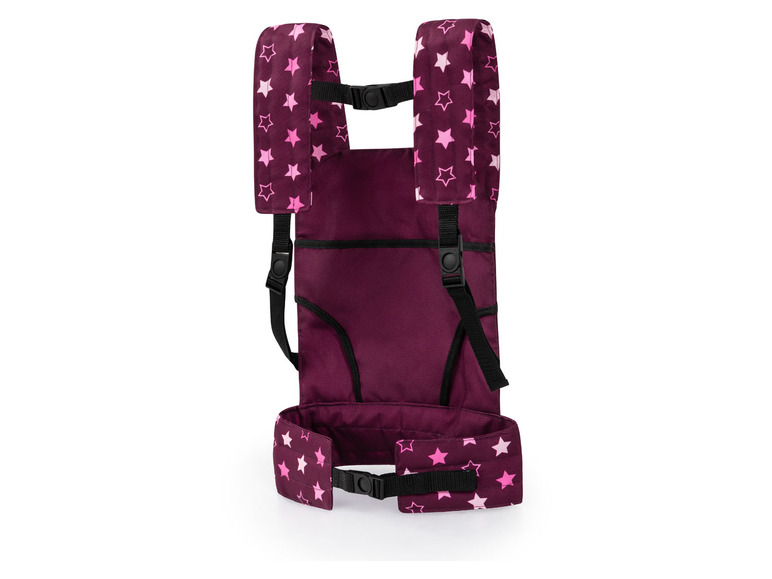 Ein lilafarbener Babytrage mit Sternenmuster.