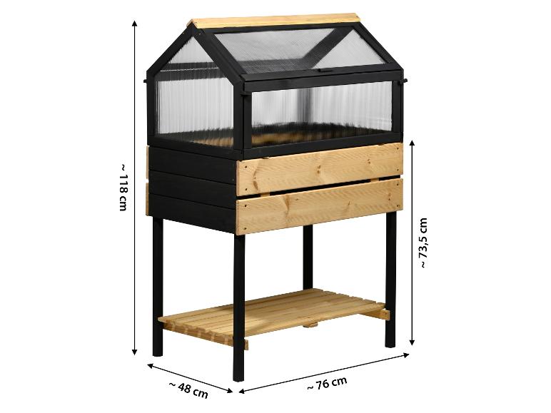 Hochbeet aus Holz mit Gewächshausaufsatz, schwarz und Naturholz, mit Maßen.