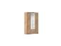 Heller Holz-Dreitürenschrank mit zentralem Spiegel und zwei Schubladen.
