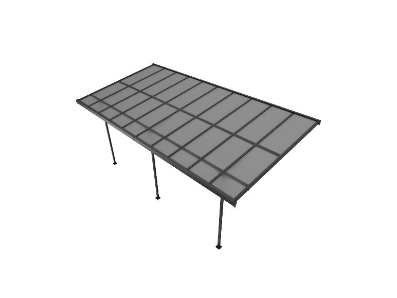 Grauer Carport oder Pergola mit Polycarbonatdach, perspektivische Ansicht.