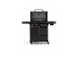Schwarzer Landmann Gasgrill mit vier Brennern, Seitenablagen und Stauraum, Deckel offen.