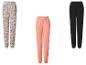Drei Damen-Jogginghosen: eine mit Paisleymuster, eine pfirsichfarbene und eine schwarze.
