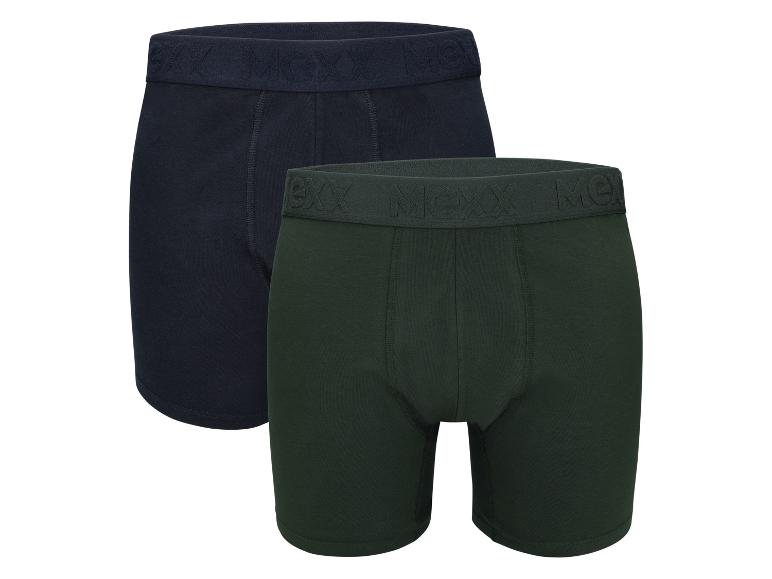 Zwei MOXX Herren-Boxershorts, eine dunkelblaue und eine dunkelgrüne.