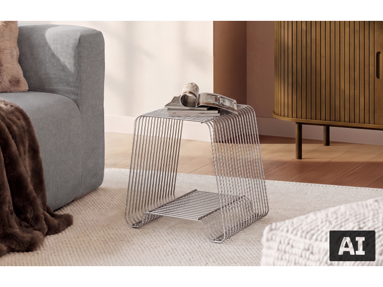 Metallbeistelltisch mit Zeitschriften, graues Sofa und Holzschrank in modernem Wohnzimmer.