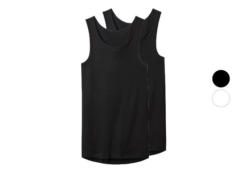 Zwei schwarze Herren-Tanktops, eines vor dem anderen, mit Farbmustern in Schwarz und Weiß.