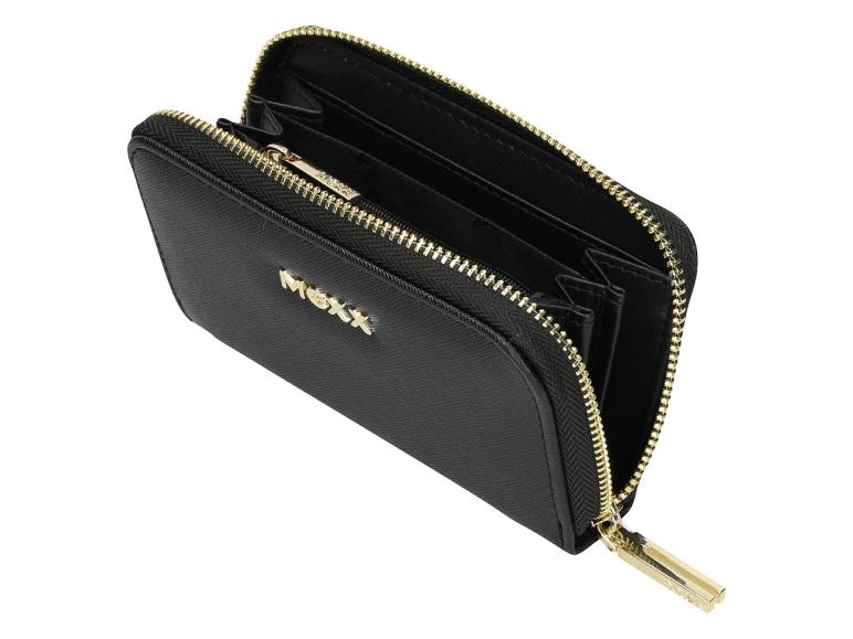 Schwarzes Portemonnaie mit goldenen Details und Reißverschluss, geöffnet, um das Innere zu zeigen