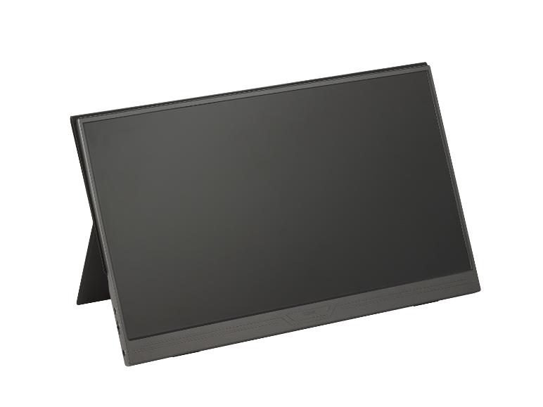 Schwarzer tragbarer Monitor mit dunklem Bildschirm und Ständer, schräg gesehen.