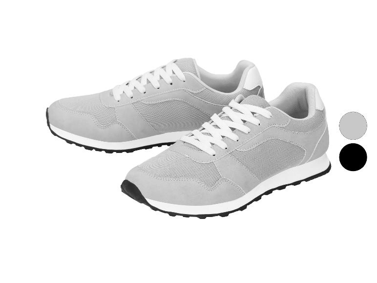 Zwei graue Sportschuhe mit weißen Schnürsenkeln und schwarzen Sohlen, mit Farboptionen.