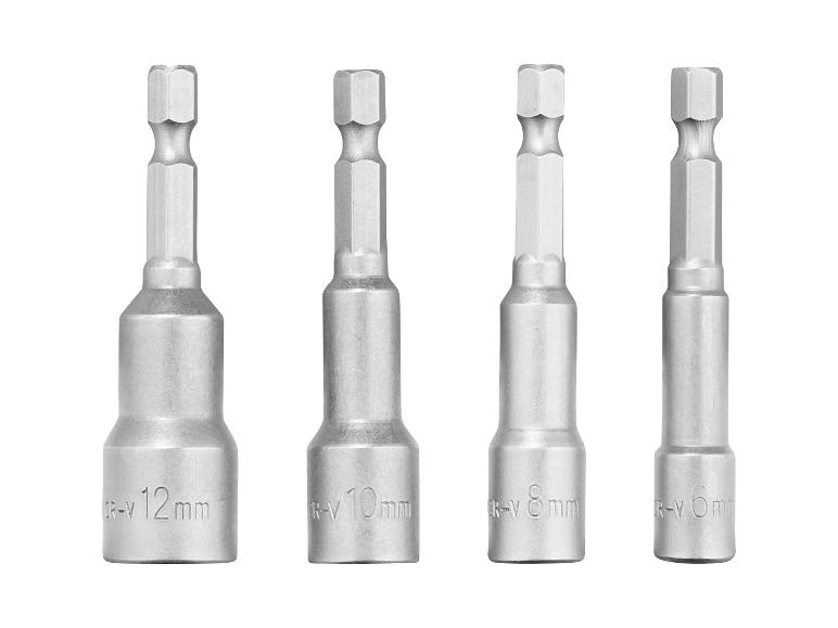Satz von vier Chrom-Vanadium-Steckschlüsseln, Größen 6mm, 8mm, 10mm und 12mm.