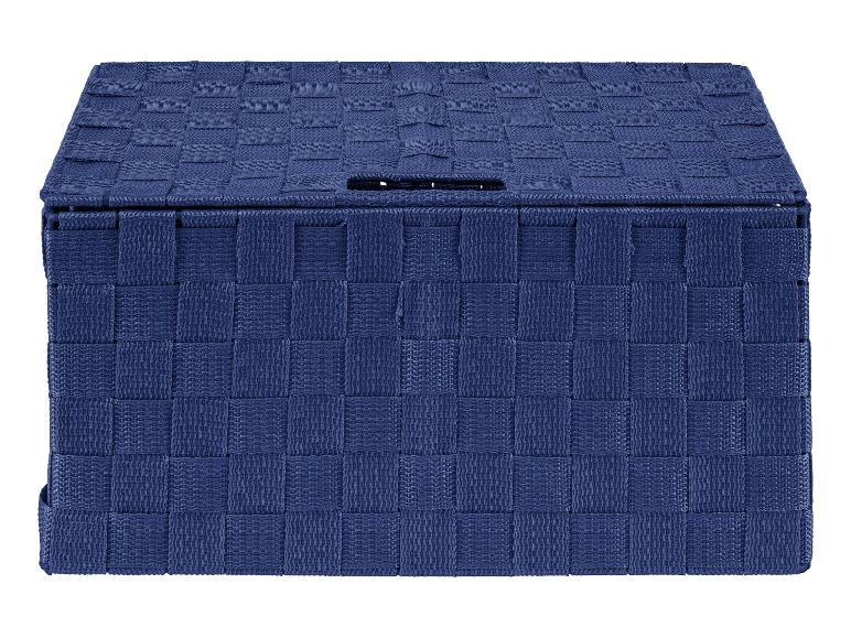 Dunkelblaue geflochtene Aufbewahrungsbox mit Deckel.