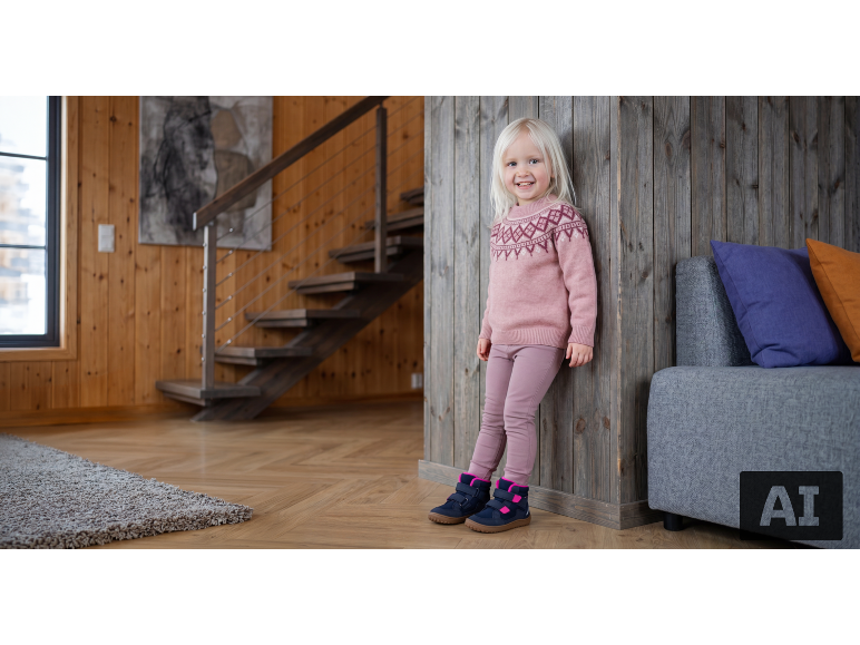 Kleinkind in rosa Pullover und Leggings, das an einer Holzwand lehnt.