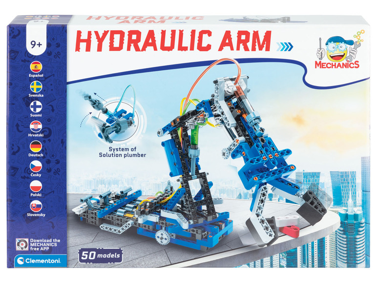 Ein blauer Hydraulikarm-Bausatz von Clementoni mit 50 Modellen.