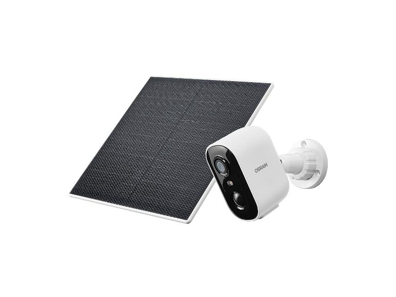 Weiße Überwachungskamera mit Solarpanel für den Außenbereich.