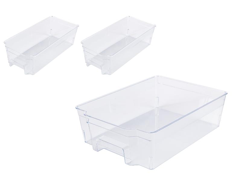 Drei transparente Aufbewahrungsbehälter in verschiedenen Größen für den Kühlschrank.