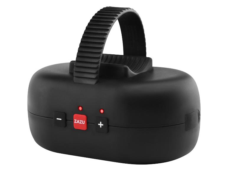 Schwarzer ZAZU Lautsprecher mit Griff und roten Tasten.