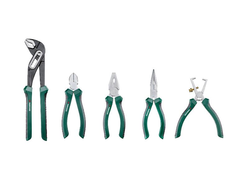 Set aus fünf Parkside Zangen mit dunkelgrünen Griffen auf weißem Hintergrund.