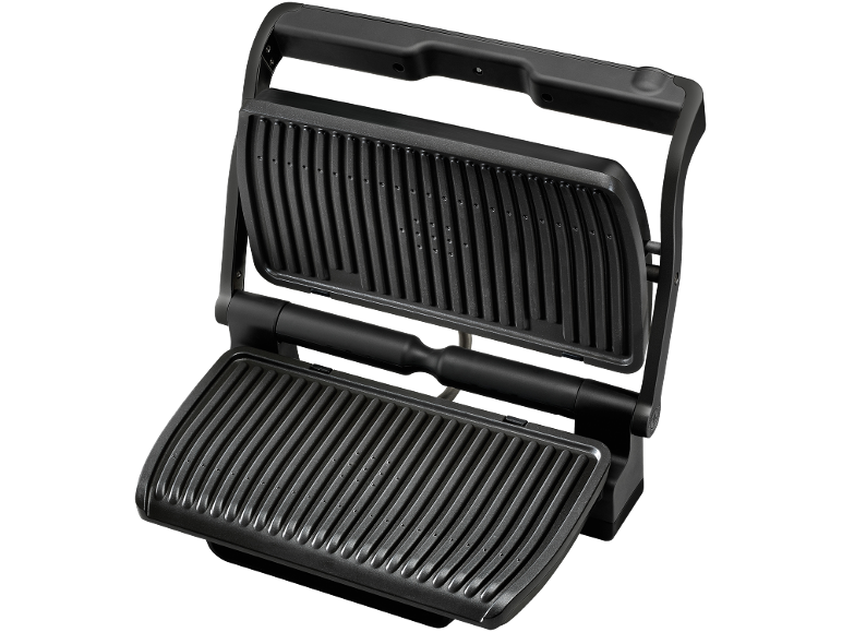 Offener Elektrogrill mit antihaftbeschichteten Platten und schwarzem Griff.