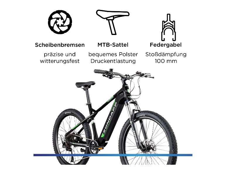 Schwarzes E-Mountainbike mit grünen Akzenten und blauer Linie unten