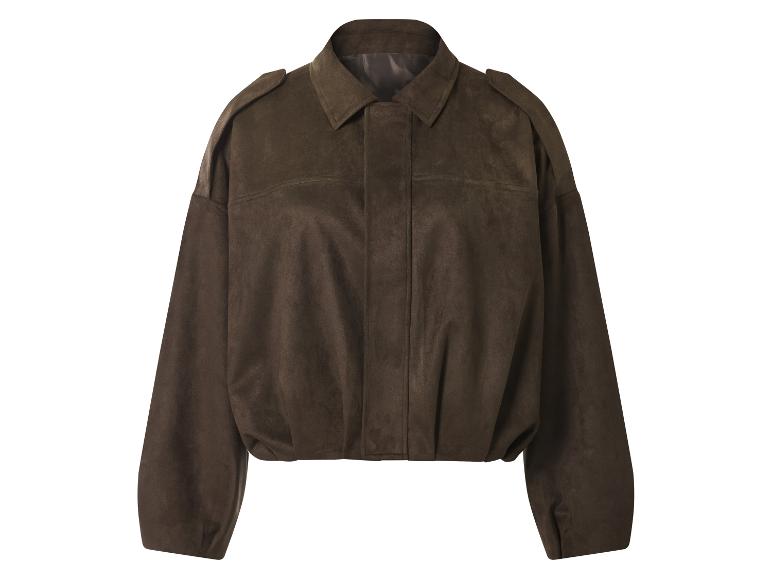 Braune Wildleder-Bomberjacke mit Kragen und Schulterklappen.