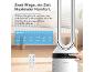 Weißer Ventilator mit Fernbedienung und Touch-Steuerung, mit Text über maximalen Komfort.