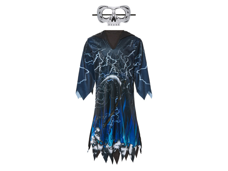 Ein Sensenmann-Kostüm mit Totenkopfmaske für Halloween.