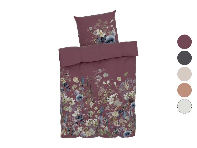 Blumenbettwäsche in Lila- und Beigetönen, mit Farbpalette.