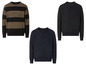 Drei Strickpullover: einer gestreift, einer schwarz und einer dunkelblau.