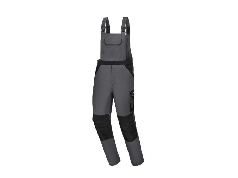 Graue und schwarze Arbeitslatzhose mit Trägern und Taschen